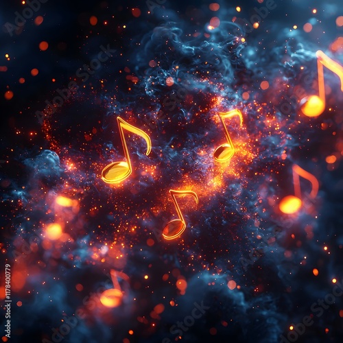 Vibrant Neon Music Notes Floating in Futuristic Cosmic Space