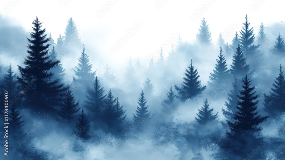 Obraz premium Dramatic fir-tree forest wall against a gray foggy sky perfect for a creative atmospheric background
