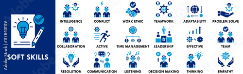 Soft Skills icon collection set. Containing design communication, teamwork, leadership, business, management