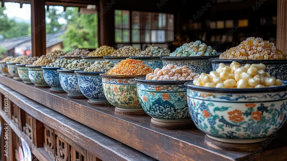 Fototapeta premium Many bowls with colorful food on display at a market stall. Food photography.