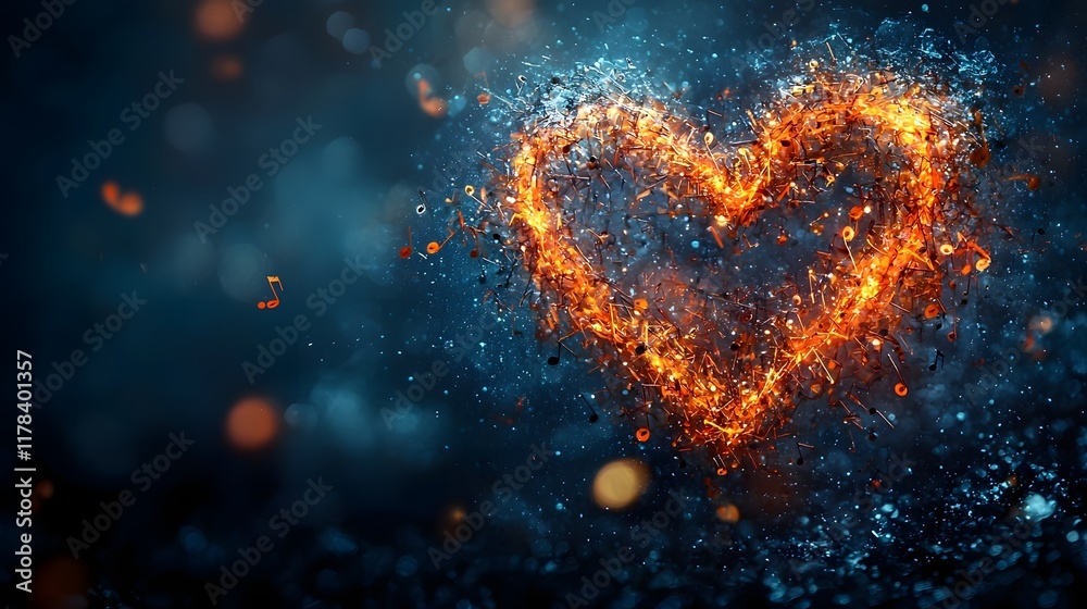 Fiery Musical Heart Explosion with Dramatic Sparks and Glowing Energy Fiery Musical Heart Explosion with Dramatic Sparks and Glowing Energy