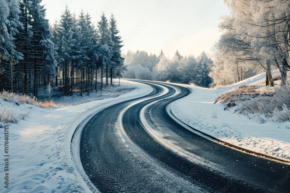 Snowy road with trees in the background. Snowy road with trees in the background.