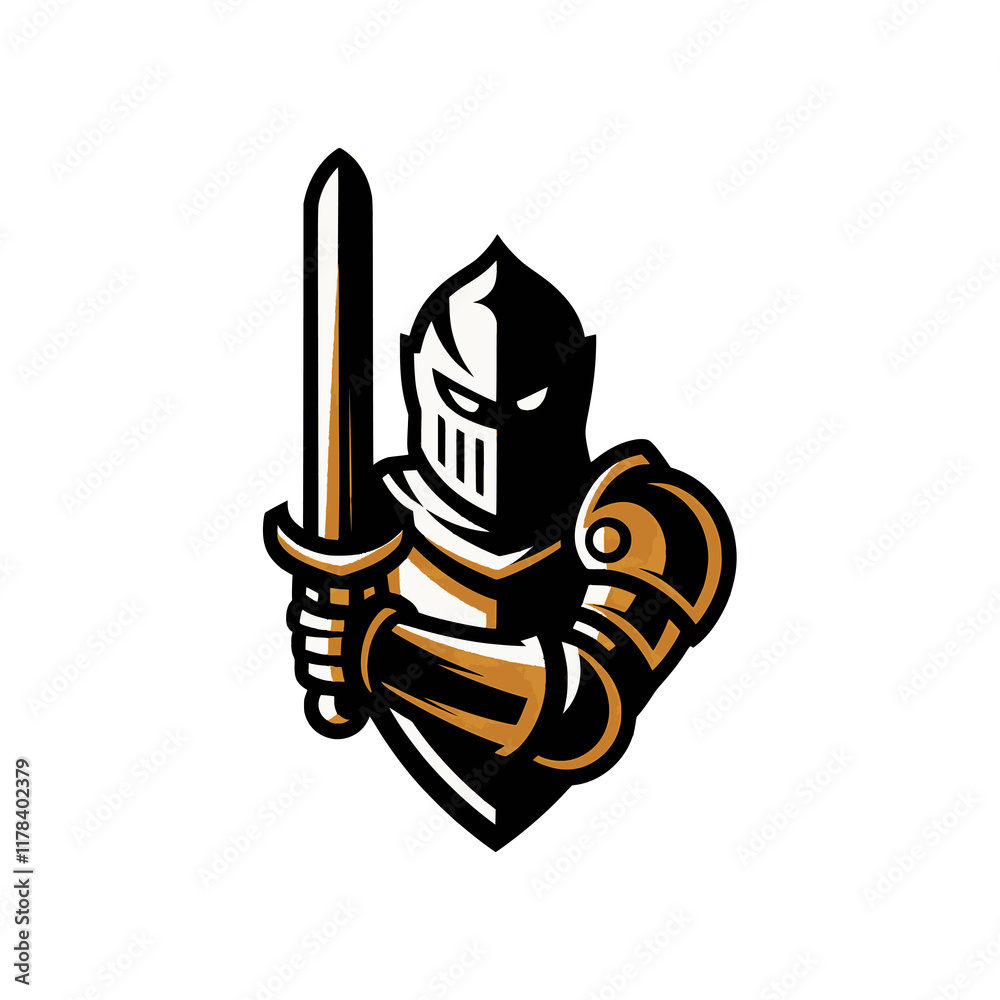 knight pose standing hold sword design logo