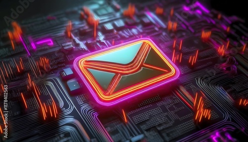 A glowing envelope icon on a circuit board background, symbolizing digital communication and technology.
