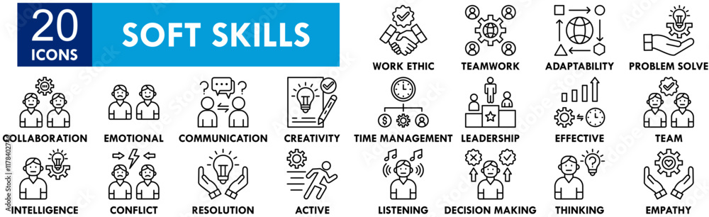 Soft Skills icon collection set. Containing design communication, teamwork, leadership, business, management Soft Skills icon collection set. Containing design communication, teamwork, leadership, business, management