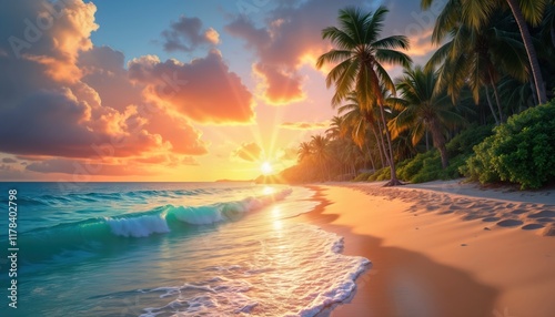 Scenic tropical beach at sunset. Turquoise water meets golden sand. Palm trees sway in gentle breeze. Peaceful scene evokes relaxing vacation. Beautiful landscape perfect for wallpaper travel