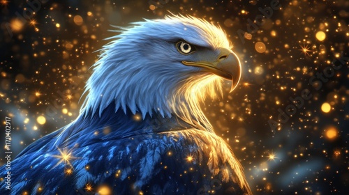 Majestic eagle portrait, golden bokeh background, wildlife, digital art, poster