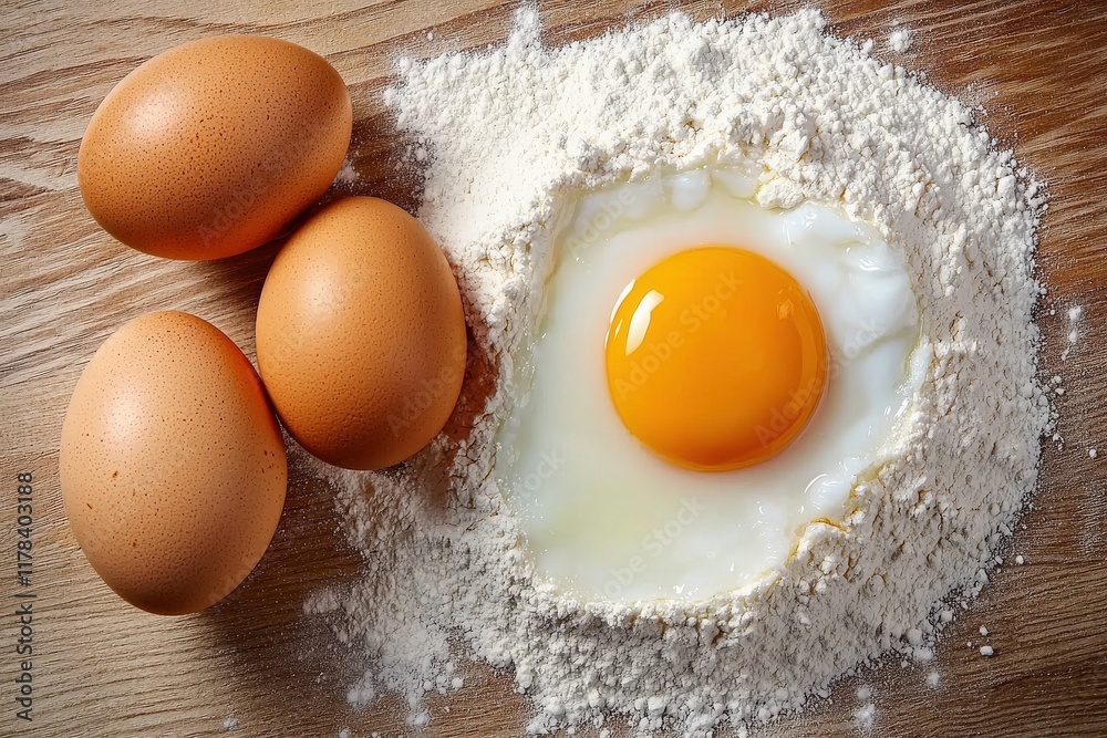 A creative flat lay of baking ingredients, including flour, sugar, and eggs on a rustic table A creative flat lay of baking ingredients, including flour, sugar, and eggs on a rustic table