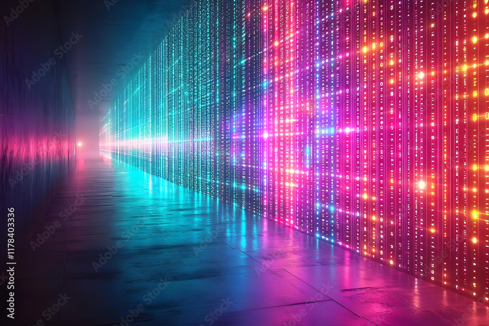 Neon Digital Wall: Abstract Cyberpunk Corridor Glows Brightly Neon Digital Wall: Abstract Cyberpunk Corridor Glows Brightly