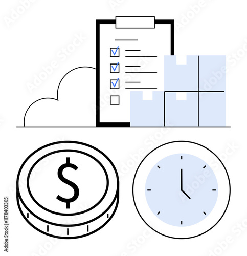 Checklist with marked tasks, stacked boxes, coin, and clock symbolizing organization, productivity, logistics, and time management. Ideal for planning, workflow ecommerce scheduling goal-setting