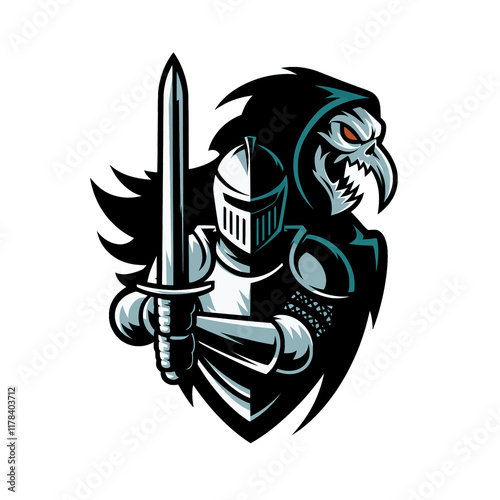 knight pose standing with shadow grim reaper design logo on white background photo