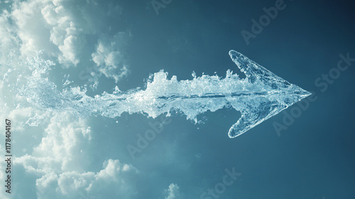 An arrow made of flowing water, moving through an ethereal, cloud-filled sky, representing flexibility and the power of subtlety.  