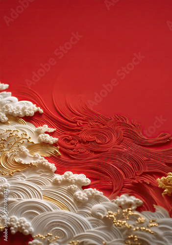 artistic and elegant red relief, auspicious clouds and waves relief, red background, hard light and shadow, using close up shots, rich details, 8k hd, real like a photo