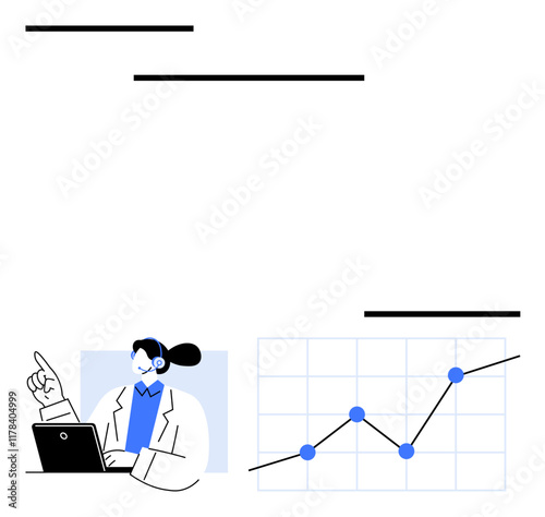 Person in headset pointing at laptop while a line graph shows upward trend with nodes. Ideal for data analysis, business growth, customer support, financial reports, teamwork, strategy, abstract line