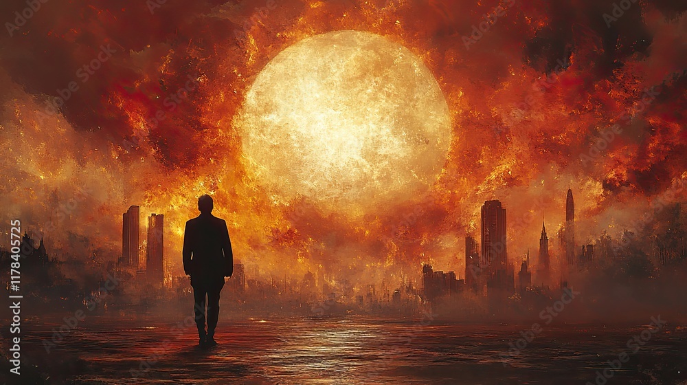 Fototapeta premium Alone figure walks through a fiery apocalyptic city landscape with a large, burning sun.
