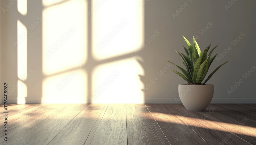 Sunlight streams through window onto plant and wooden floor. Sunlight streams through window onto plant and wooden floor.
