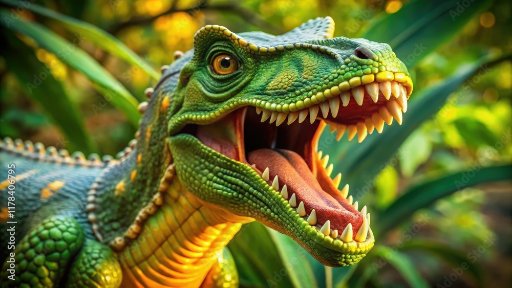 Obraz premium Aerial Dinosaur Toy, Green and Yellow, Open Mouth, Vivid Colors, High Angle