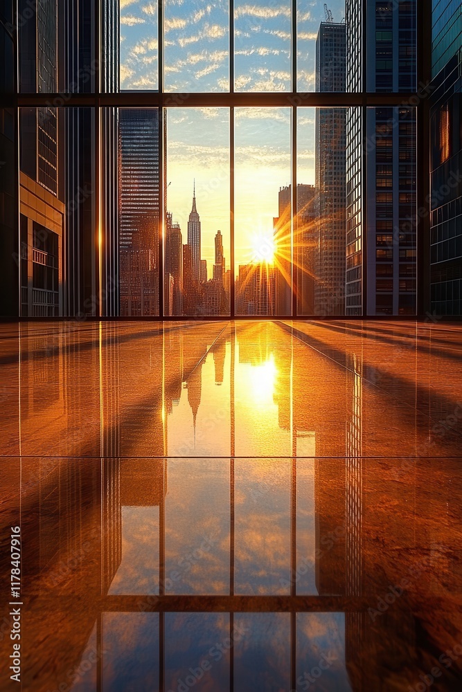 Fototapeta premium Stunning Urban Sunset View Through Modern Skyscraper Windows with City Skyline and Sunlight Reflections on Polished Floor