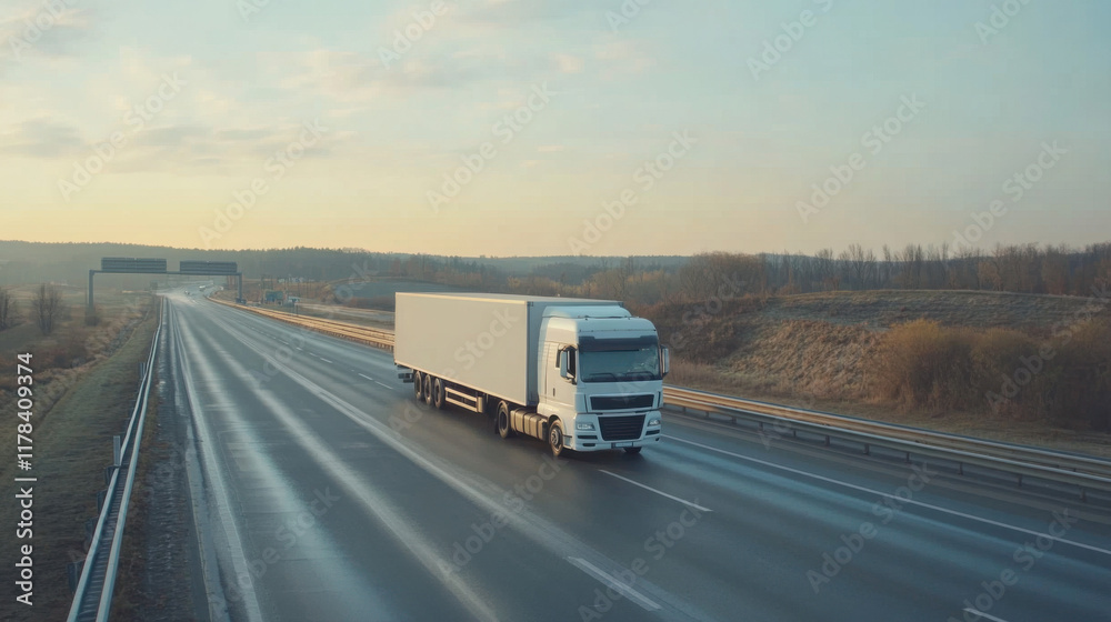 White truck speeding on highway with dynamic motion blur, showcasing elegant composition and vivid colors. White truck speeding on highway with dynamic motion blur, showcasing elegant composition and vivid colors.