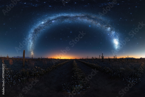 A panoramic view of the night sky in a desert, with the Galactic Center of the Milky Way glowing brightly above a field of tall cacti, and faint zodiacal light visible near the horizon