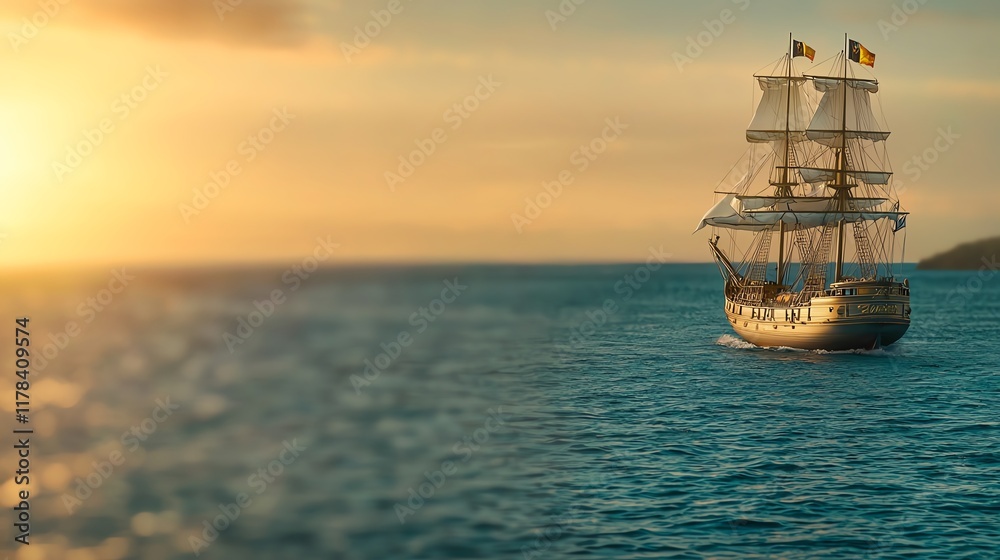 Naklejka premium Sailing ship at sunset on ocean, warm colors illuminating the sky, reflecting on water surface, creating serene atmosphere.