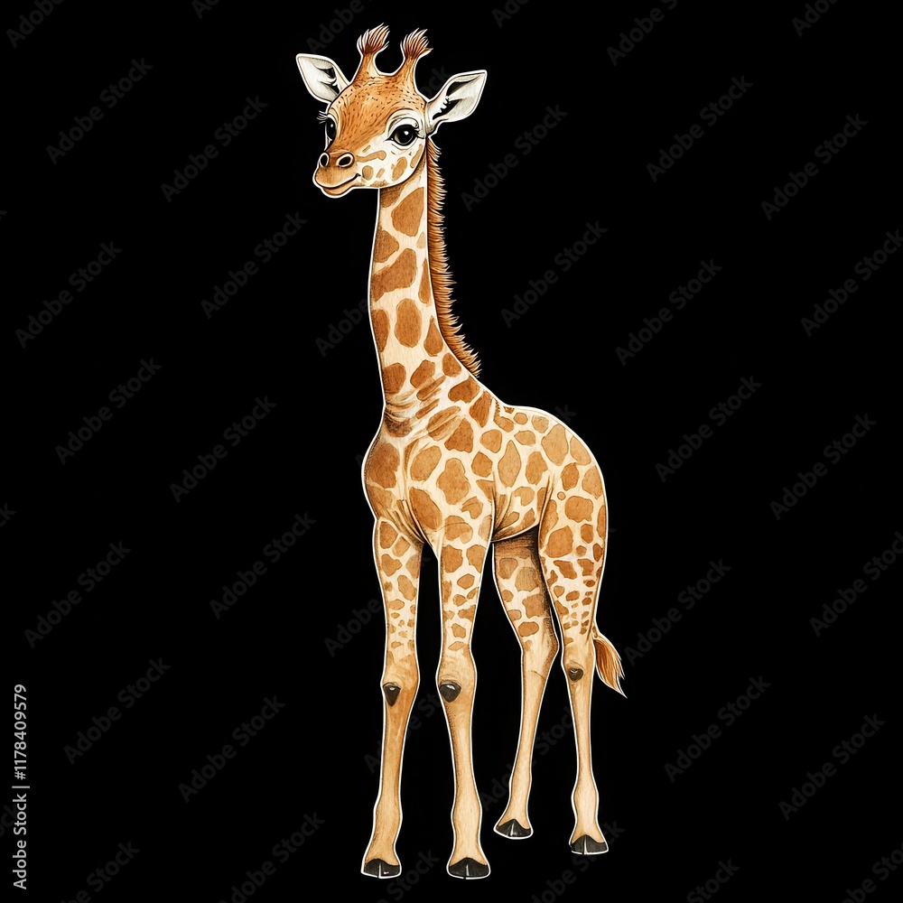 Obraz premium Detailed Illustration of a Playful Giraffe Against a Black Background