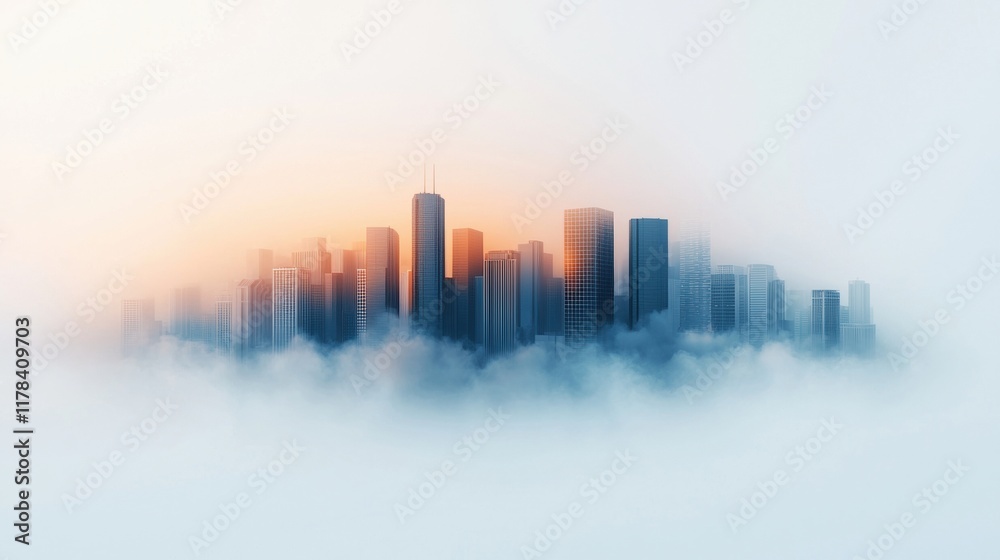 Fototapeta premium Ethereal skyline emerging from morning fog