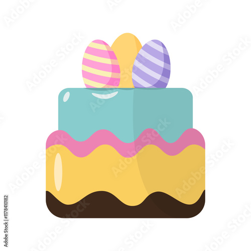 Festive cake with pastel layers, striped eggs as decoration, placed on a white background, symbolizing Easter celebration