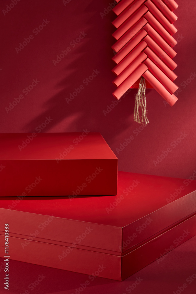 Obraz premium A promoting image with an Chinese New Year idea. A close-up view of red red rectangular podiums that are empty for placed products, decorated by red string of firecrackers, on a crimson background.