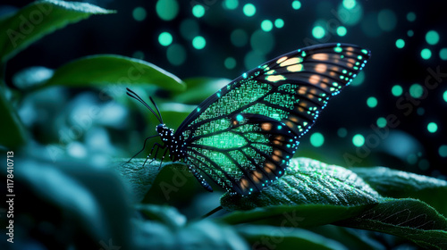 Glowing butterfly resting on vibrant green leaves