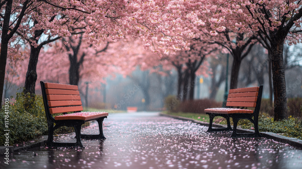 serene park scene featuring two benches under canopy of blooming cherry trees, surrounded by pink petals on rainy day, creating peaceful atmosphere serene park scene featuring two benches under canopy of blooming cherry trees, surrounded by pink petals on rainy day, creating peaceful atmosphere
