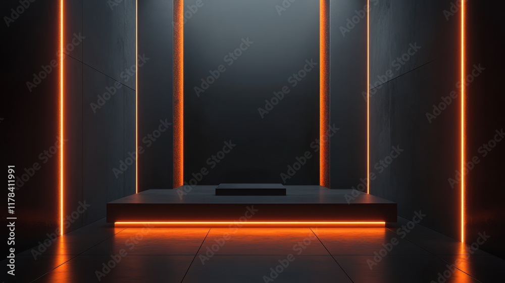 sleek and futuristic product display scene featuring dark walls and glowing orange accents, creating modern and minimalistic atmosphere sleek and futuristic product display scene featuring dark walls and glowing orange accents, creating modern and minimalistic atmosphere