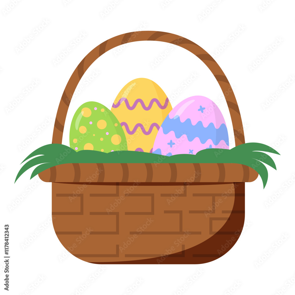 Wicker basket filled with colorful patterned Easter eggs and grass, illustrated in flat style, on a white background, symbolizing Easter Wicker basket filled with colorful patterned Easter eggs and grass, illustrated in flat style, on a white background, symbolizing Easter