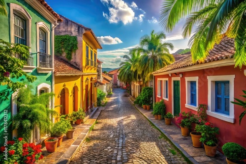 Aerial View Old Town Island Street, Coastal Charm,  Island Architecture