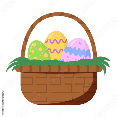 Wicker basket filled with colorful patterned Easter eggs and grass, illustrated in flat style, on a white background, symbolizing Easter