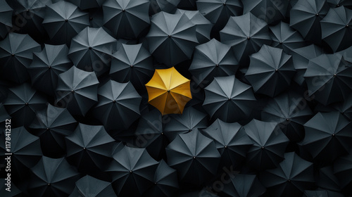 striking top view of black umbrellas with one vibrant yellow umbrella standing out, creating captivating contrast. This evokes feelings of uniqueness and individuality