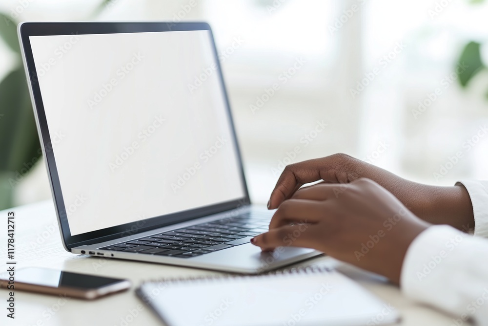 Person Typing on Laptop with Blank Screen Person Typing on Laptop with Blank Screen