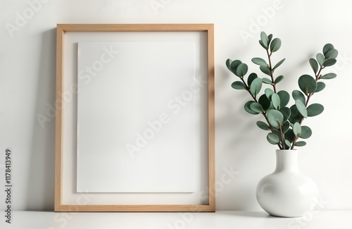Empty light brown wooden frame on white wall with blank space for artwork photo. Small vase with eucalyptus branches sits next to frame. Interior decor template for presenting photos art. Modern