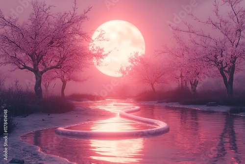 Pink moonlit landscape with a serpentine river flowing through cherry blossom trees photo