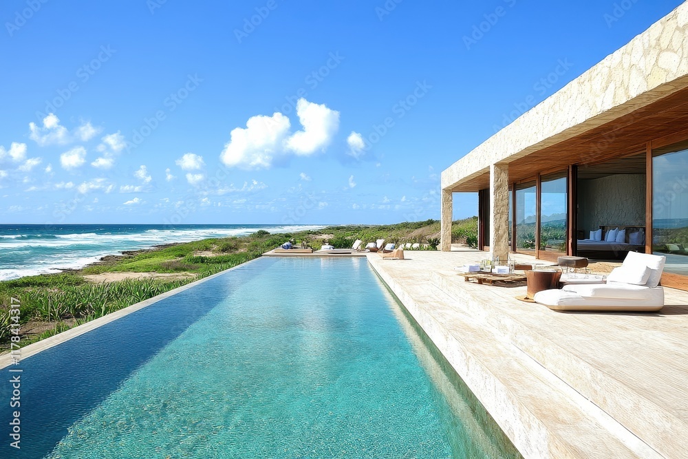Fototapeta premium Oceanfront villa with infinity pool; perfect for luxury travel, real estate, or resort websites. Stunning turquoise water meets modern architecture; ideal for showcasing opulence and tranquility.