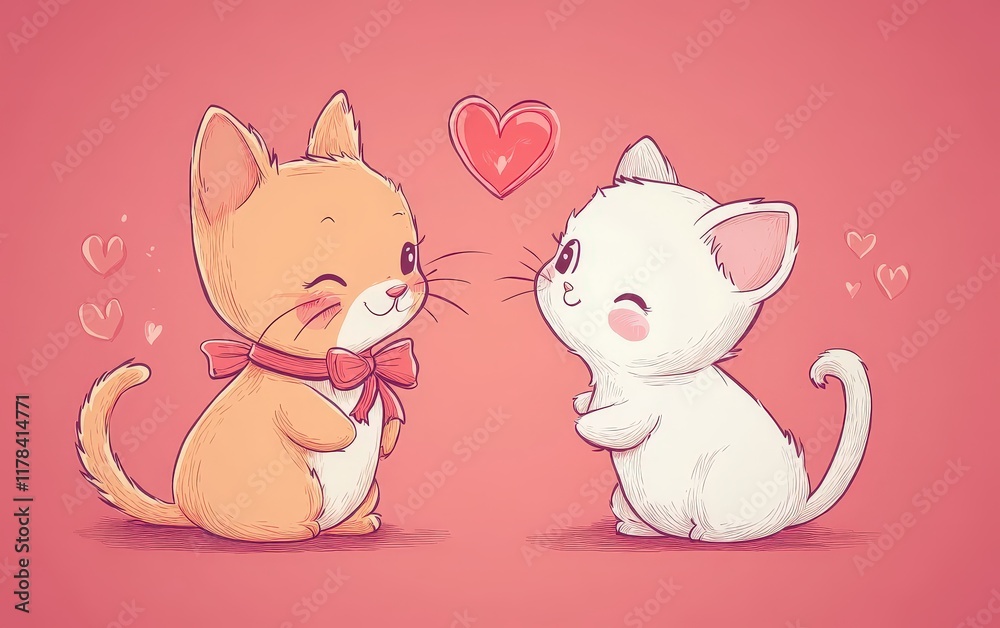 A playful cartoon cat and kitten surrounded by floating hearts, set against a whimsical pink backdrop, radiating love and joy this Valentine's Day. A playful cartoon cat and kitten surrounded by floating hearts, set against a whimsical pink backdrop, radiating love and joy this Valentine's Day.
