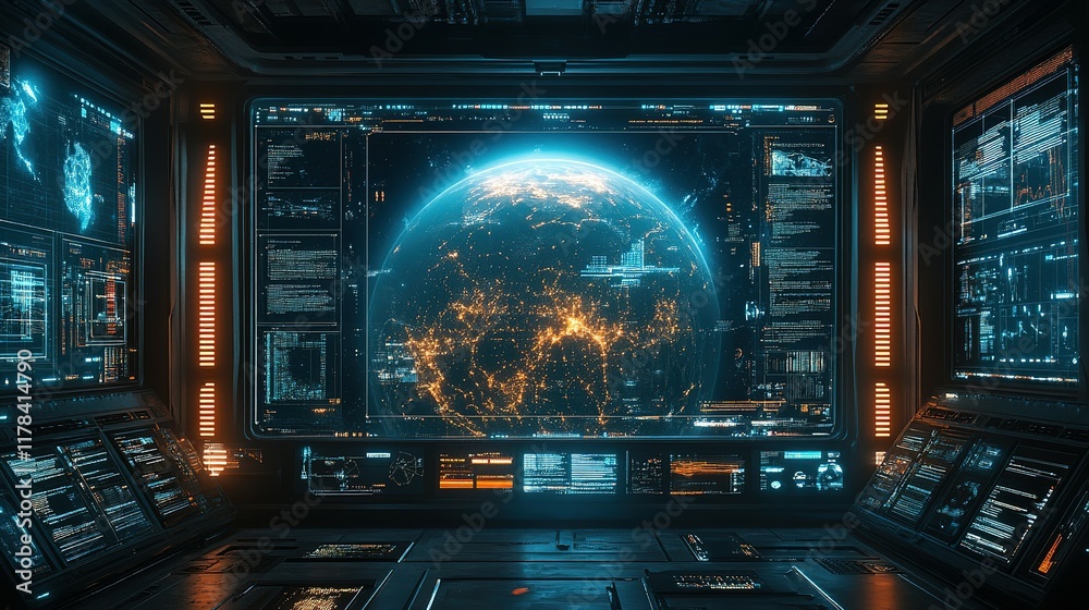 Futuristic Spaceship Control Room Displays Earth Futuristic Spaceship Control Room Displays Earth