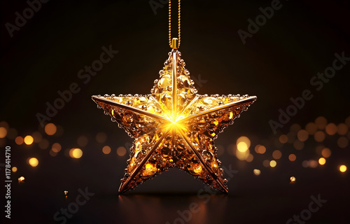 Golden star ornament glimmering under soft light radiating festive warmth. photo