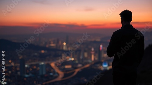 Silhouette of a man standing on a hilltop, gazing at a vibrant sunset and overlooking an urban cityscape