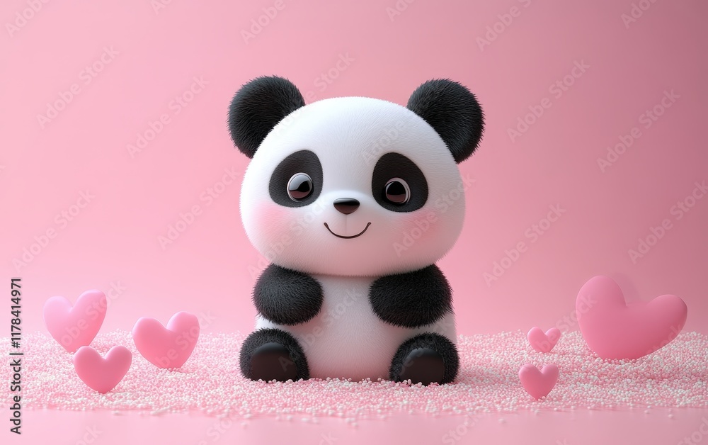 Naklejka premium Panda soft pink surface, surrounded by playful hearts, set against a delightful pink backdrop, radiating love and joy.