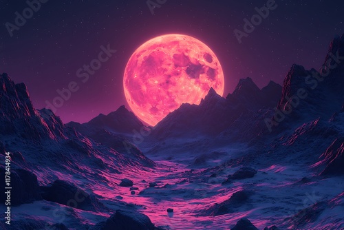 Pink Moon Rising Over Alien Mountain Range photo