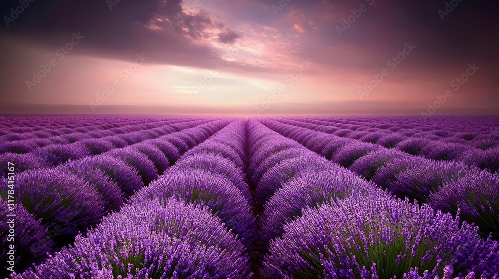 Obraz premium A serene lavender field under the twilight sky, with rows of purple flowers stretching to the horizon. captures the tranquility and beauty of nature