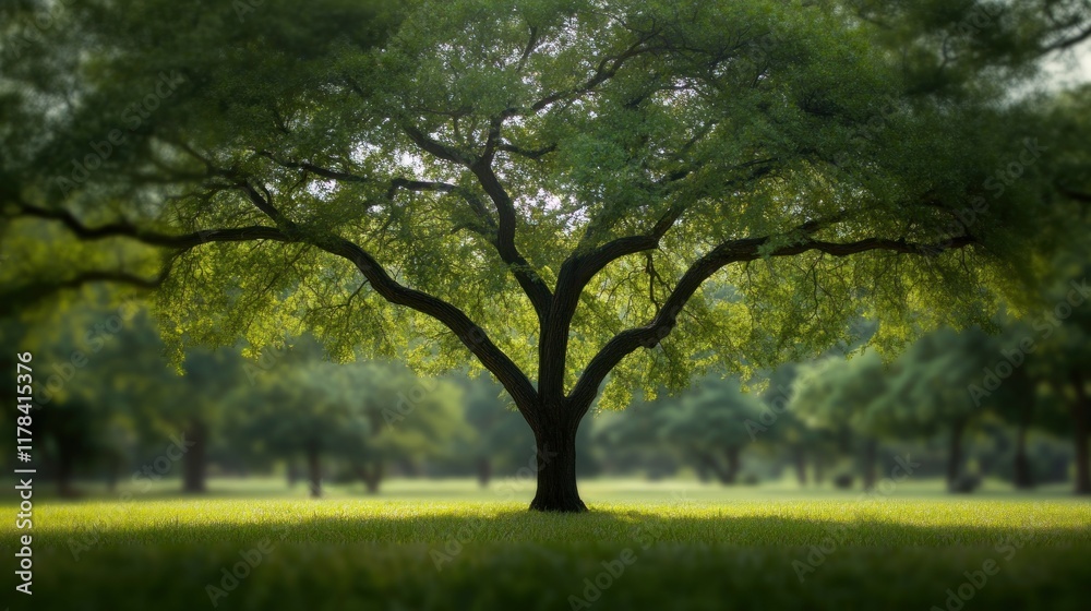 A large tree stands prominently in a peaceful green landscape, surrounded by soft light. A large tree stands prominently in a peaceful green landscape, surrounded by soft light.