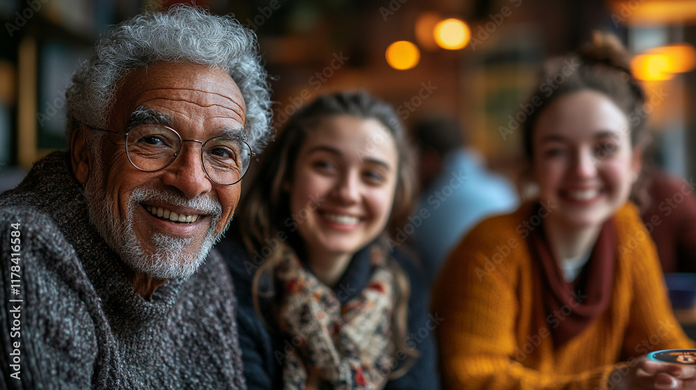 Joyful gathering of friends enjoying time together in a cozy cafe setting Joyful gathering of friends enjoying time together in a cozy cafe setting