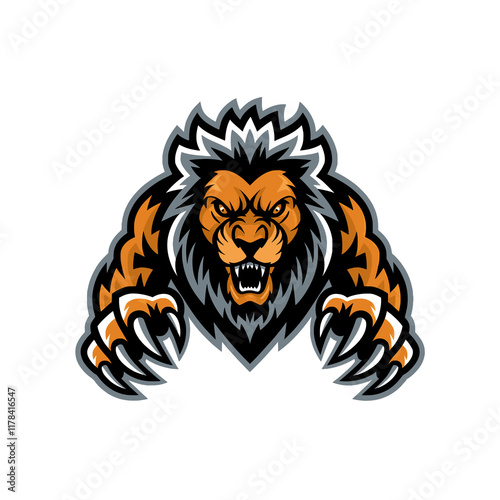 lion old attacking pose with claws design logo illustration on white background photo